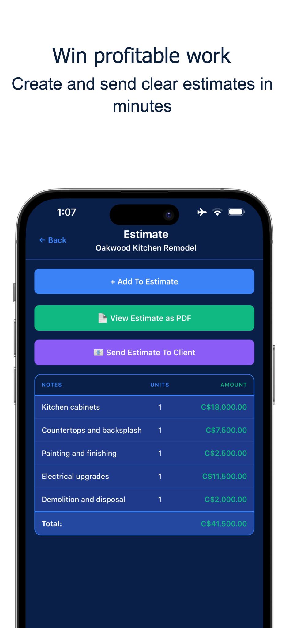 Estimate screen showing line items, totals, and options to send a PDF to the client