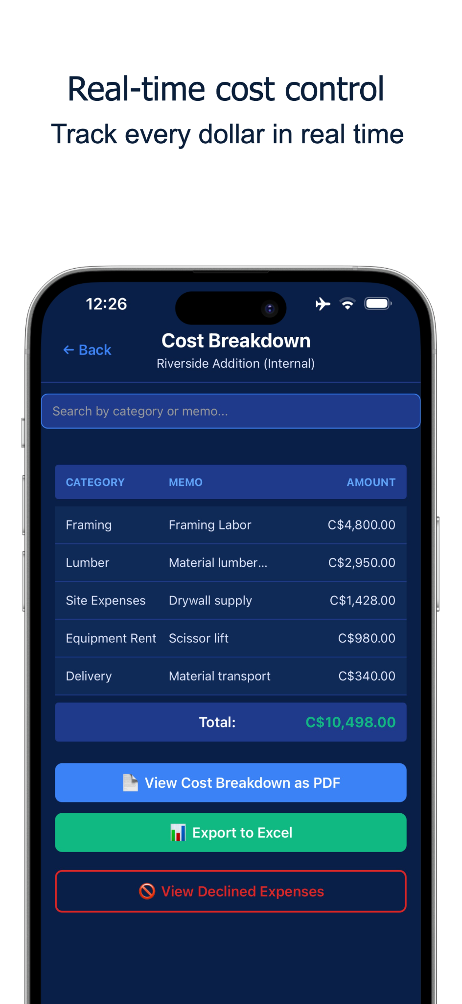 Cost breakdown screen showing categories, memos, amounts, and export options